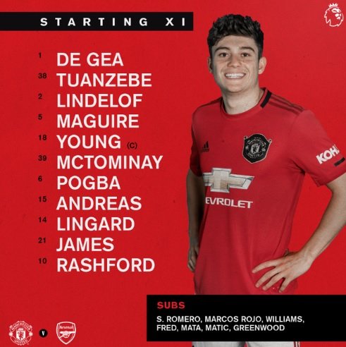 Manchester United starting XI for the match against Arsenal