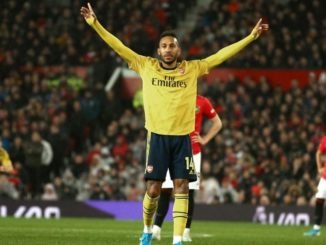 Aubameyang celebrates scoring at Old Trafford