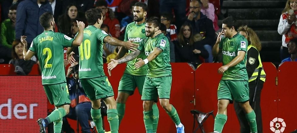 laligasantanderrealsociedad Portu celebrates his second goal with Real Sociedad players.